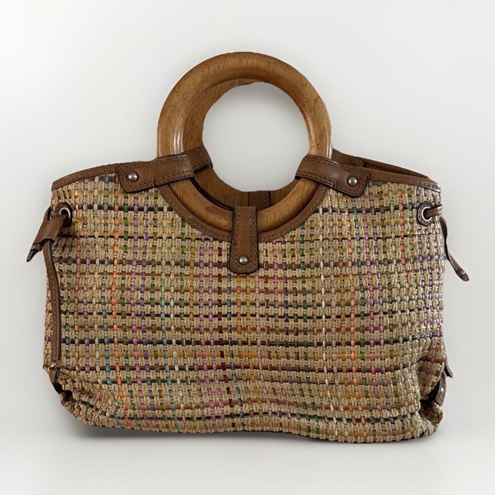 Vintage Fossil Woven Straw Handbag Wood Ring Handle Boho Multicolor Crossbody